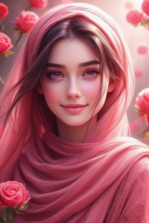 A beautiful woman with pink hijab wearing lacey red abaya, gentle smile expression, soft skin, soft makeup, glowing bright striking pink eyes, blurry misty foggy red rose background,Anime 1 3d.hanna,Digital Illustration 1.hanna