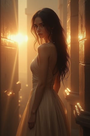 A stunning woman with porcelain skin and raven hair, posing elegantly against a soft focus, gradient-blended sunset backdrop. Her slender figure is draped in a flowing, champagne-hued evening gown, subtly accentuating her curves as she gazes serenely into the distance. Golden light dances across her features, highlighting the gentle curve of her.,aura,flower,hologram,Dungeons and Dragons Art