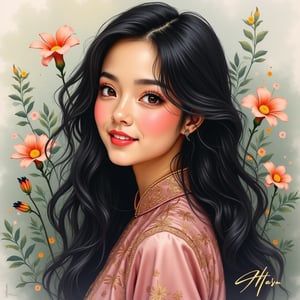 Wet and dreamy watercolor gouache painting of a stunning Melayu woman with a long wavy and jet-black hair, dressed in a traditional baju kebaya. Her gentle smile and soft features, including her skin and makeup, radiate warmth. Brown eyes sparkle amidst the blurred misty foggy flower background, evoking a sense of mystery and enchantment