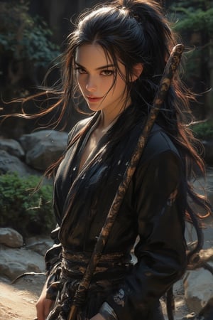 In a serene Zen garden setting, a stunning woman with a sleek ponytail of black hair stands confidently, dressed in an exquisite suit that accentuates her curves. Her striking brown eyes seem to pierce through the tranquil atmosphere, while her soft skin and subtle makeup blend seamlessly with the natural surroundings. A sly smirk plays on her lips as she holds a majestic katana at her side, its intricately designed hilt reflecting the gentle ripples of the carefully manicured stone and sand.,Girl