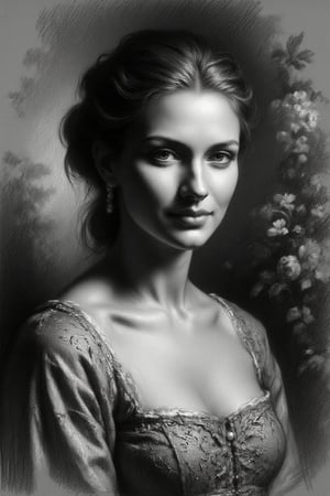 A beautiful woman with short ponytail black hair wearing lacey kebaya, gentle smile expression, soft skin, soft makeup, glowing bright striking brown eyes, wears an elegant Cameo and pearl earrings, blurry misty foggy floral background,B&W Renaissance study work,REMBRANDT,Rembrandt Lighting style,partially covered in shadows