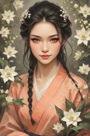 Close up face, japanese ink art painting of a stunning melayu woman with a twin braids and jet-black hair, dressed in a peach hanbook. Her gentle smile and soft features, including her skin and makeup, radiate warmth. Brown eyes sparkle amidst the lily of the valley flowers background, evoking a sense of mystery and enchantment