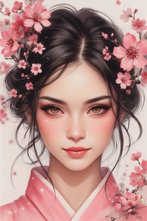 Close up face, japanese ink art painting of a stunning melayu woman with a short pixie cut and jet-black hair, dressed in a pink Yukata. Her gentle smile and soft features, including her skin and makeup, radiate warmth. Brown eyes sparkle amidst the sakura flowers background, evoking a sense of mystery and enchantment