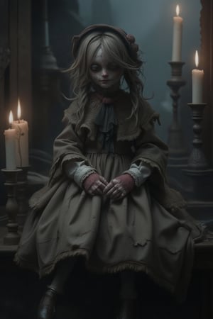 A lone, raggedy Ann doll sits atop a dusty shelf, its cracked porcelain skin bearing an unsettling ghostly pallor in the midst of a Haunted_Innocence_Creepy_ Doll_ Curse. The air thick with HAUNTING FOG, casting an EERIE NIGHT over the scene. Framed by dim candles, the doll appears broken and forlorn, its once-wholesome face now twisted in a macabre grin.