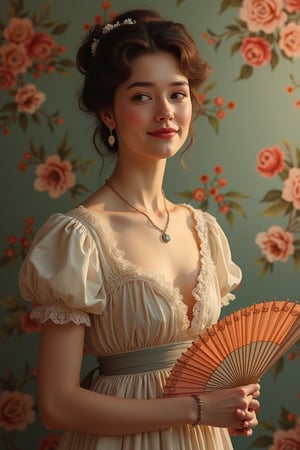 Full-length portrait on a soft-focus floral background. Modest Victorian woman, standing with gentle pose, holding victorian hand fan and umbrella in her right hand. Soft, warm glow illuminates her face, emphasizing soft skin and subtle makeup. Gentle smile spreads across her face, as if lost in thought. Cameo and pearl earrings glimmer in the light, adding depth to the scene. Oil painting technique used, with rich textures and colors that pop against the vibrant floral backdrop. Resolution: 1024k high definition, HDR+, Octane render for an unparalleled visual experience.