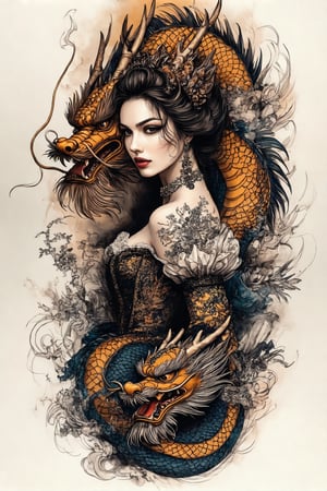 A colorized tattoo art style image of a victorian steampunk woman, with a majestic dragon coiling around her. The woman is intricately detailed with traditional victorian patterns and a serene expression, despite her form. The dragon is vibrant, with detailed scales and a fierce gaze. The composition is dynamic, with the woman's flowing outfit and the dragon's sinuous body creating a sense of movement. The lighting is dramatic, highlighting the contrast between the woman's elegance and the dragon's power. The subject's body is tensed, showcasing the bold and detailed tattoo.