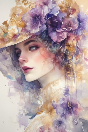 Delicate watercolor hues capture a mesmerizing woman's face, her green eyes sparkling like emeralds beneath vibrant eyeliner. Luscious purple lips curve into a subtle smile, adorned with delicate gold filigree. A Victorian-era hat and collar frame her striking features. In the background, a gradient grey distressed canvas adds texture to this Close-up portrait. Watercolor brushstrokes blend seamlessly, imbuing the scene with an ethereal Dia de Los Muertos essence.