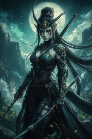 A mystical oni warrior, Miko, stands strong amidst misty mountains, her OniMask glistening in the moonlight. She grasps her curved katana, its blade glinting with an otherworldly sheen. Her piercing green eyes seem to bore into the soul as she surveys the eerie landscape, her horned headpiece a testament to her demonic heritage.