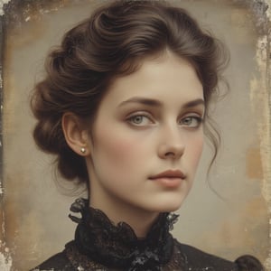 A detailed portrait of a beautiful lady as a vintage, daguerreotype photograph. The edges should have dark splotches and light grunge. The photograph is on a scratched silver plate backing and has been hand-colorized.,Faded Old Photo,Digital Illustration 1.hanna,Film_19,FantaVin Anime Art 