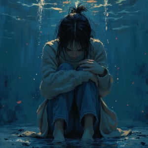 anime sketch style painting, close up, facing camera, a woman with messy short ponytail black hair, sitting down, knees up, head down on knees, one hand hugging the leg, one hand on the head, wearing a long sweater, long jeans, only the hair can be seen, feeling depression, dark blue underwater, can see the surface of the water. water ripples effect, with big bold words "one day I will stop crying and just feel HEARTLESS",Manga  Yakuza Kamui X Georgia O'Keeffe