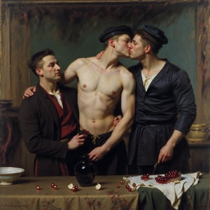 A highly detailed painting in the style of Hans Holbein, rendered in oil paint on oak, featuring two athletic attractive young French soldiers, both 22 years old, embracing as lovers. 2 handsome men, very intimate, floral tattoos on their chest and arms. They wear minimalist armor that leaves their athletic torsos and arms exposed, highlighting their muscular physiques. Very large muscled pecs. Handsome French male  facial features.  One soldier holds a large pomegranate , with vibrant red juices dripping down his hand and arm, while he gazes directly at the viewer with an intense, captivating expression. The second soldier stands close kissing the first soldiers neck and holding him close, his pose provocative and affectionate, their bond evident in subtle body language. In the background, a 15th-century French battle unfolds near a distant stone castle, with banners waving and soldiers clashing. In front, a richly adorned table holds symbolic items: pomegranates for love, large eggplants for fertility, and skulls representing mortality. The colors are rich and earthy, reflecting the tone of the 15th century. Every detail—from the armor’s worn texture to the figures’ expressions—captures an emotional narrative of love, war, and the fleeting nature of life, all with the precision and depth characteristic of Holbein’s work.,oilpainting,masterpiece,