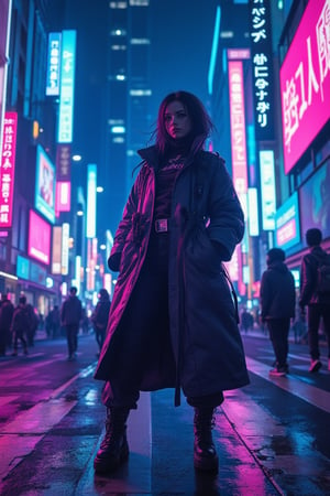 A vibrant cyberpunk scene in Harajuku, Japan, featuring a cute fashionista girl in a stylish trench hacker coat. The girl stands confidently in the middle of a neon-lit street, surrounded by towering skyscrapers and holographic advertisements. The lighting is a mix of neon blues and pinks, casting a futuristic glow. The composition is dynamic, with the girl's pose exuding confidence and style, her coat flowing with a slight breeze. The background is bustling with activity, capturing the essence of a cyberpunk metropolis.