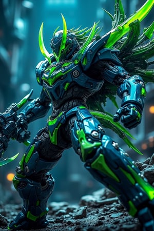 A dynamic close-up of CyborgMechaNeemo, with vibrant green and blue hues, wielding a weapon featuring sharp blades and tentacles. The tentacles are sharpening the blades, creating a chaotic yet mesmerizing effect. The mecha is surrounded by a collapsed background, with debris and remnants of a once-vibrant environment. The lighting is dramatic, casting sharp shadows that emphasize the mechanical details. The composition is centered on the mecha, with the tentacles and blades in sharp focus, creating a sense of urgency and action.