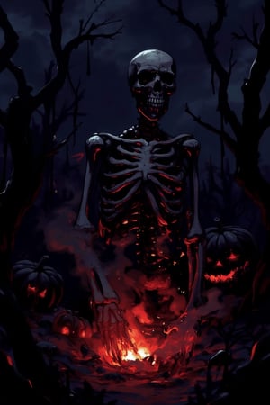 A dark, eerie anime scene with a burning skeleton in the foreground, surrounded by Halloween decorations. The skeleton is engulfed in flames, with glowing orange and red hues casting an ominous light. The background features twisted trees, cobwebs, and jack-o'-lanterns. The composition is centered on the skeleton, with the Halloween elements framing it. The lighting is dim and shadowy, creating a chilling atmosphere.