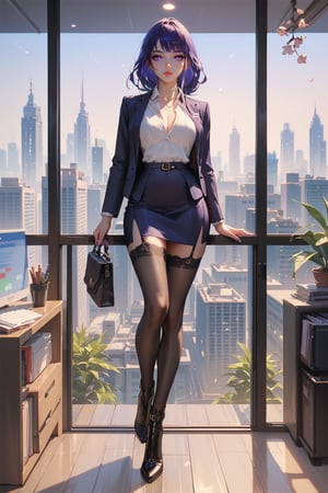 score_9, score_8_up, score_7_up, standing, full body, masterpiece, raiden_shogun_ckxl, office lady, high heel boots, pencil skirt, blouse, suit jacket, city, night