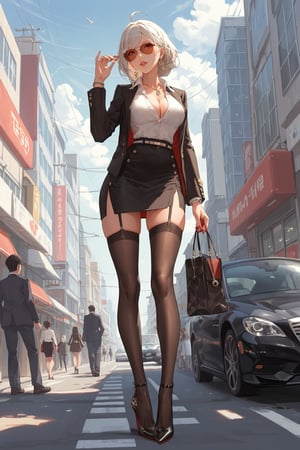 score_9, score_8_up, score_7_up, azur lane, harbin \(azur lane\), office lady, black pencil skirt, button up blouse, high heel boots, stockings, street, city, aviator sunglasses, standing, full body, masterpiece,中式婚纱头饰,哈尔滨_(赤芍)_(碧蓝航线),中式婚纱,Harbin_(Red Peony Root)_(Azur Lane)