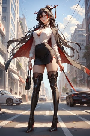 score_9, score_8_up, score_7_up, office lady, black pencil skirt, button up blouse, thigh boots, street, city, standing, full body, masterpiece, aegir \(azur lane\)