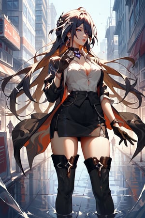 score_9, score_8_up, score_7_up, office lady, black pencil skirt, button up blouse, thigh boots, street, city, standing, full body, masterpiece,acheron \(honkai: star rail\),long hair, black gloves, hair ornament,choker, long coat