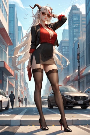 score_9, score_8_up, score_7_up, office lady, black pencil skirt, button up blouse, high heels, stockings, street, city, aviator sunglasses, standing, full body, masterpiece, aegir \(azur lane\)