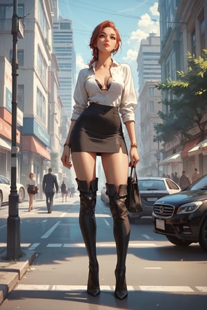 score_9, score_8_up, score_7_up, office lady, black pencil skirt, button up blouse, thigh boots, street, city, standing, full body, masterpiece