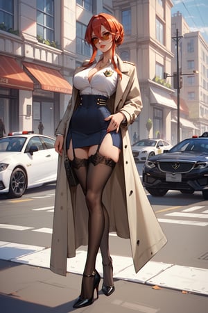 score_9, score_8_up, score_7_up, azur lane,monarch \(azur lane\), hair down waist length, office lady, business suit, trench coat, high heels, stockings, holster, street, city, police badge, sunglasses, standing, full body, masterpiece