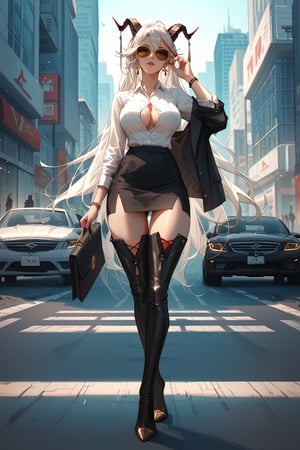 score_9, score_8_up, score_7_up, office lady, black pencil skirt, button up blouse, thigh boots, street, city, aviator sunglasses, standing, full body, masterpiece, aegir \(azur lane\)