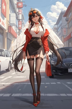 score_9, score_8_up, score_7_up, azur lane, harbin \(azur lane\), office lady, black pencil skirt, button up blouse, high heel boots, stockings, street, city, aviator sunglasses, standing, full body, masterpiece,中式婚纱头饰,哈尔滨_(赤芍)_(碧蓝航线),中式婚纱,Chinese wedding headdress,Harbin_(Red Peony Root)_(Azur Lane),Chinese wedding dress