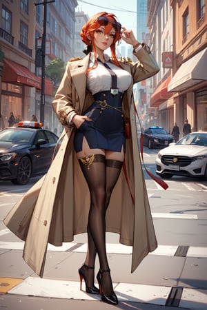 score_9, score_8_up, score_7_up, azur lane,monarch \(azur lane\), hair down flowing waist length, office lady, business suit, trench coat, high heels, stockings, holster, street, city, police badge, aviator sunglasses, standing, full body, masterpiece