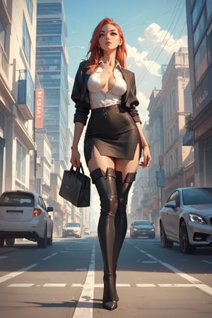 score_9, score_8_up, score_7_up, office lady, black pencil skirt, button up blouse, thigh boots, street, city, standing, full body, masterpiece