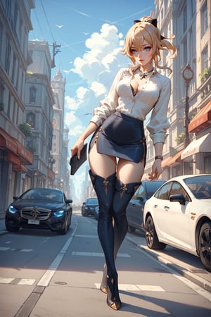 score_9, score_8_up, score_7_up, office lady, black pencil skirt, button up blouse, thigh boots, street, city, standing, full body, masterpiece, jean, genshin impact