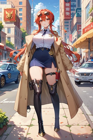 score_9, score_8_up, score_7_up, azur lane,monarch \(azur lane\), long hair, office lady, business suit, trench coat, thigh high boots, holster, street, city, police badge, aviator sunglasses, standing, full body, masterpiece