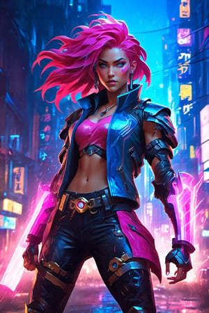 Create a dynamic and vibrant illustration of Vi from League of Legends in a tensort art style. She stands in a powerful pose, showcasing her muscular build and fierce expression. Her signature pink hair, styled in an edgy undercut, contrasts with the glowing blue energy emanating from her massive gauntlets. The background features a gritty, cyberpunk cityscape with neon lights reflecting off rain-soaked streets, enhancing the atmosphere. Emphasize sharp lines, vivid colors, and intricate details that capture the essence of her character, conveying movement and energy as she prepares for battle.”