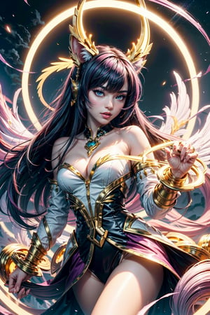 "Illustrate Ahri from League of Legends in her iconic nine-tailed fox form, with her flowing tails gracefully swirling in vibrant hues of pink, purple, and blue. Capture her charm and elegance with a playful yet powerful expression, her eyes glowing with mystic energy. The orb of deception should float in her hand, emitting radiant, ethereal light. Use the tensort art style to create fluid, abstract patterns in the tails and energy, blending vibrant colors and soft gradients. The background should have an abstract, dreamlike design, evoking magic, allure, and the enchanting nature of Ahri’s fox spirit."