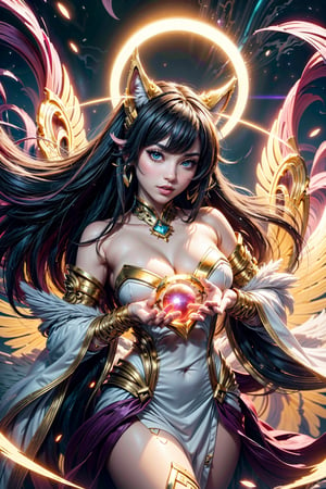 "Illustrate Ahri from League of Legends in her iconic nine-tailed fox form, with her flowing tails gracefully swirling in vibrant hues of pink, purple, and blue. Capture her charm and elegance with a playful yet powerful expression, her eyes glowing with mystic energy. The orb of deception should float in her hand, emitting radiant, ethereal light. Use the tensort art style to create fluid, abstract patterns in the tails and energy, blending vibrant colors and soft gradients. The background should have an abstract, dreamlike design, evoking magic, allure, and the enchanting nature of Ahri’s fox spirit."