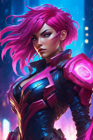 Create a dynamic and vibrant illustration of Vi from League of Legends in a tensort art style. She stands in a powerful pose, showcasing her muscular build and fierce expression. Her signature pink hair, styled in an edgy undercut, contrasts with the glowing blue energy emanating from her massive gauntlets. The background features a gritty, cyberpunk cityscape with neon lights reflecting off rain-soaked streets, enhancing the atmosphere. Emphasize sharp lines, vivid colors, and intricate details that capture the essence of her character, conveying movement and energy as she prepares for battle.”