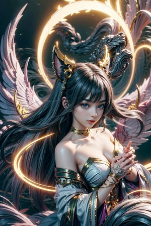 "Illustrate Ahri from League of Legends in her iconic nine-tailed fox form, with her flowing tails gracefully swirling in vibrant hues of pink, purple, and blue. Capture her charm and elegance with a playful yet powerful expression, her eyes glowing with mystic energy. The orb of deception should float in her hand, emitting radiant, ethereal light. Use the tensort art style to create fluid, abstract patterns in the tails and energy, blending vibrant colors and soft gradients. The background should have an abstract, dreamlike design, evoking magic, allure, and the enchanting nature of Ahri’s fox spirit."