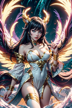 "Illustrate Ahri from League of Legends in her iconic nine-tailed fox form, with her flowing tails gracefully swirling in vibrant hues of pink, purple, and blue. Capture her charm and elegance with a playful yet powerful expression, her eyes glowing with mystic energy. The orb of deception should float in her hand, emitting radiant, ethereal light. Use the tensort art style to create fluid, abstract patterns in the tails and energy, blending vibrant colors and soft gradients. The background should have an abstract, dreamlike design, evoking magic, allure, and the enchanting nature of Ahri’s fox spirit."