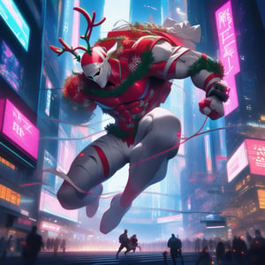 A muscular Father Christmas with a hipster look drives a futuristic sleigh through towering skyscrapers. The sleigh is powered by 11 cybernetic reindeer. By his side, Mummy Christmas, an athletic blonde with a braid halfway down her back, wears skimpy clothes that reveal her athletic form. The scene is framed with dynamic action, illuminated by neon lights, capturing the sleek, high-tech environment.