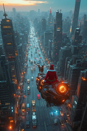 A 360-degree panoramic view of a futuristic metropolis at sunset/futurebanday or night/futureurbannight. Hovering above, the cityscape stretches endlessly with elegant levitating spacecraft gliding through the air. Vehicles feature bright accents, iridescent hulls, and retractable wings. Building facades display vibrant neon hues, holographic ads, and gleaming metal surfaces. Air traffic congestion forms a labyrinth of twinkling lights between towering skyscrapers. Father Christmas triumphs aboard a ship, pulled by 11 reindeer.