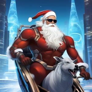 Muscular Father Christmas, hipster look. He must be driving his futuristic sleigh, driven by 11 cybernetic reindeer. By his side will be Mummy Christmas, athletic blonde, with a braid halfway down her back. Her clothes are skimpy, revealing her athletic form. The sleigh will pass through futuristic skyscrapers 