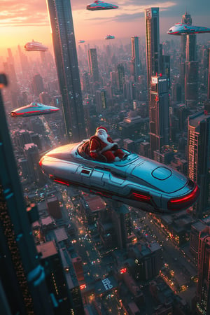 A 360-degree panoramic view of a futuristic metropolis at sunset/futurebanday or night/futureurbannight. Hovering above, the cityscape stretches endlessly with elegant levitating spacecraft gliding through the air. Vehicles feature bright accents, iridescent hulls, and retractable wings. Building facades display vibrant neon hues, holographic ads, and gleaming metal surfaces. Air traffic congestion forms a labyrinth of twinkling lights between towering skyscrapers. Father Christmas triumphs aboard a ship, pulled by 11 reindeer.