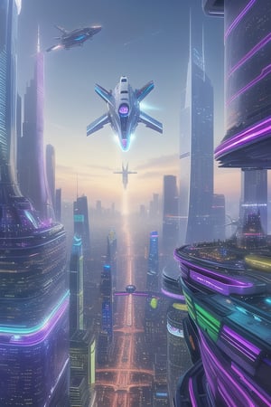 A 360-degree panoramic view of a futuristic metropolis at sunset/futurebanday or night/futureurbannight. Hovering above, the cityscape stretches endlessly, with elegant levitating spacecraft gliding through the air. Vehicles feature bright accents, iridescent hulls, and retractable wings. Building facades display vibrant neon hues, holographic ads, and gleaming metal surfaces. Air traffic congestion forms a network of twinkling lights between towering skyscrapers. Father Christmas triumphs aboard a spacecraft, pulled by his 11 reindeer.