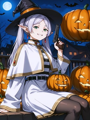 hyper detailed, high resolution, absurdres, 1girl, solo, (((sitting on pumpkin))), akimbo 2hand pistol gun shooting, 
detailed background, at night, Halloween pumpkin background, candy in background, 

score_9, score_8_up, score_7_up, score_6_up, source_anime, rating_questionable, rating_explicit, 
FrierenSSnF, grey hair, [[[[green eyes]]]], twintails, parted bangs, earrings, pointy ears, ((Halloween witch headwear)), 
FrierenCasual, striped shirt, white capelet, black belt, white skirt, long sleeves, black pantyhose, 
(((IncrsAnyasHehFaceMeme))), looking_at_viewer, 