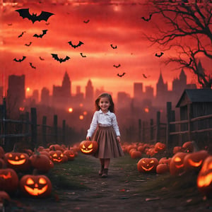 A warm autumn evening in the city. The red sky ablaze with hues of crimson and scarlet. Against this fiery backdrop, a lone figure emerges - a young girl, dressed in a crisp white shirt and flowing pleated skirt, walking solo into frame. Her bright smile and radiant gaze lock onto the viewer as she holds a Jack O'Lantern aloft, surrounded by an assortment of Halloween pumpkins. The camera captures her from a cowboy-inspired shot, with the cityscape blurred in the distance, as bats flit about the red sky like wispy brushstrokes on a canvas of twilight.