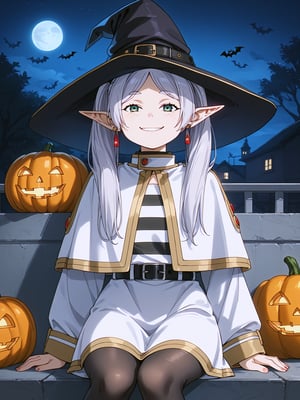 hyper detailed, high resolution, absurdres, 
detailed background, at night, big Halloween pumpkin, candy, 
1girl, solo, (((sit on pimpkin))), 
score_9, score_8_up, score_7_up, score_6_up, source_anime, rating_questionable, rating_explicit, 
FrierenSSnF, grey hair, [[[[green eyes]]]], twintails, parted bangs, earrings, pointy ears, ((Halloween witch headwear)), 
FrierenCasual, striped shirt, white capelet, black belt, white skirt, long sleeves, black pantyhose, 
(((IncrsAnyasHehFaceMeme))), looking_at_viewer, 