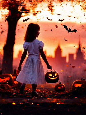 A warm autumn evening in the city. The red sky ablaze with hues of crimson and scarlet. Against this fiery backdrop, a lone figure emerges - a young girl, dressed in a crisp white shirt and flowing pleated skirt, walking solo into frame. Her bright smile and radiant gaze lock onto the viewer as she holds a Jack O'Lantern aloft, surrounded by an assortment of Halloween pumpkins. The camera captures her from a cowboy-inspired shot, with the cityscape blurred in the distance, as bats flit about the red sky like wispy brushstrokes on a canvas of twilight.