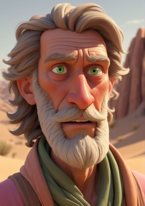 

Camera Angle: long shot

Color Scheme and Lighting and Artistic Style: Disney cartoon style, 8k, realistic lighting and shadows, vibrant colors, cinematic background, Pixar-like rendering style. 

Main Character:ّ of the prophet, his features suddenly filled with awe and wonder. His once calm and composed expression has given way to an intense moment of realization. His green eyes, now wide open, shine with a mixture of surprise and reverence, as if he has just witnessed something beyond comprehension. The lines on his aged face, deep from years of wisdom and reflection, are now softened, his eyebrows raised, and his lips slightly parted in disbelief. His gray beard, neatly trimmed, frames his face as the wind gently stirs his long, flowing hair. The warm, golden light of the setting sun casts a gentle glow across his skin, accentuating every crease and detail of his aged yet strong features. The vibrant hues of orange and pink from the sunset illuminate his face, giving it a soft radiance that complements the wonder in his eyes.

Supporting Characters: A few camels with a caravan

Background and Atmosphere: the vast desert stretches out, bathed in the breathtaking colors of the sunset. The sand dunes, with their sharp ridges, create deep shadows that contrast beautifully with the warm tones of the sky. The rugged orange hills in the distance are highlighted by the fading sunlight, enhancing their texture and form. The atmosphere is tranquil yet charged with a sense of wonder, as if the entire landscape is holding its breath in harmony with the prophet’s awe. The desert behind him feels alive, glowing softly under the remnants of the day’s light, capturing the beauty and majesty of the natural world. In this moment,3D,Cartoon