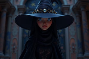 Style: Disney cartoon style, 8k, realistic lighting and shadows, vibrant colors, cinematic background, Pixar-like rendering style.
A mysterious woman, around 40 years old, with a European appearance and a slender, athletic build. She stands at 170 cm tall, with piercing blue eyes that glow with hypnotic intensity. Her long, raven-black hair is mostly hidden under a luxurious, embroidered shawl that serves as a hijab, elegantly covering her head and neck. A wide-brimmed, witch-like hat adorned with jewels sits atop her head, adding to her mystical aura. Her skin is pale with cool undertones, high cheekbones, and full, rosy lips, often curled into a faint, subtle smile that hints at hidden danger.

She wears a long, flowing black dress made of a shimmering fabric that covers her entire body, ensuring that no part of her skin, including her chest, arms, or legs, is exposed. The dress has long sleeves and drapes elegantly, emphasizing her modesty while maintaining an air of mystery and seduction. The lighting focuses on her eyes, while the rest of the scene fades into shadow, enhancing her enigmatic and fully covered appearance.