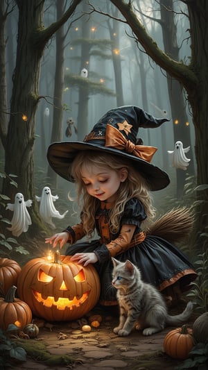 Amidst the enchanting shadows of a haunted forest, a charming girl dressed as a tiny witch, her costume adorned with glittering patches and a tiny broomstick, plays with an inquisitive kitten near a mischievous jack-o-lantern. The kitten, with its fluffy fur and bright eyes, paws at the flickering candlelight inside the pumpkin, while the witch giggles, surrounded by whimsical decorations—ghosts made of fabric and floating orbs of light. The atmosphere is both cute and eerily enchanting, perfectly capturing the spirit of Halloween in vivid colors and intricate details, high-resolution.