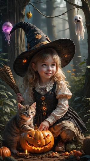 Amidst the enchanting shadows of a haunted forest, a charming girl dressed as a tiny witch, her costume adorned with glittering patches and a tiny broomstick, plays with an inquisitive kitten near a mischievous jack-o-lantern. The kitten, with its fluffy fur and bright eyes, paws at the flickering candlelight inside the pumpkin, while the witch giggles, surrounded by whimsical decorations—ghosts made of fabric and floating orbs of light. The atmosphere is both cute and eerily enchanting, perfectly capturing the spirit of Halloween in vivid colors and intricate details, high-resolution.